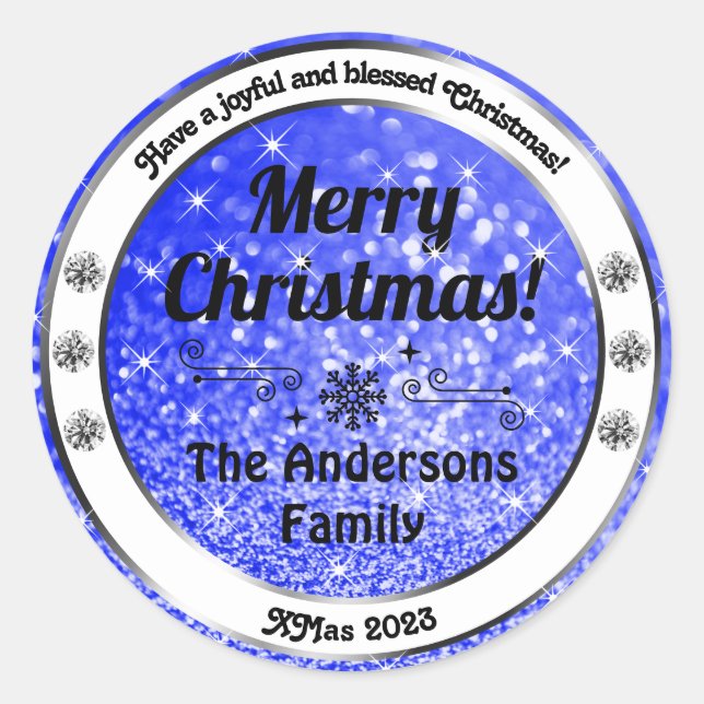 Luminous Blue Sparkle Glitter Christmas Labels (Front)