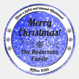 Luminous Blue Sparkle Glitter Christmas Labels