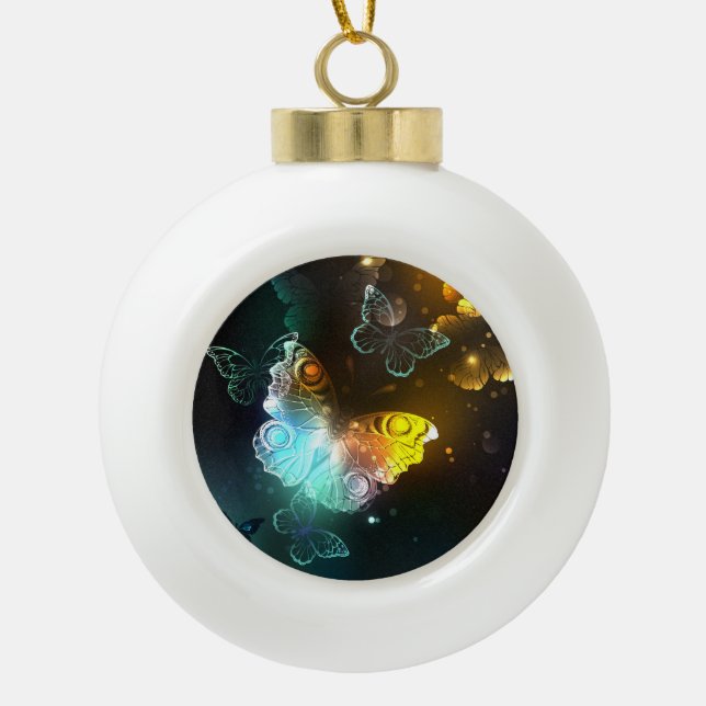 Luminous Butterfly and Night butterflies Ceramic Ball Christmas Ornament (Front)