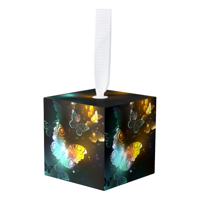 Luminous Butterfly and Night butterflies Cube Ornament (Front Angled)