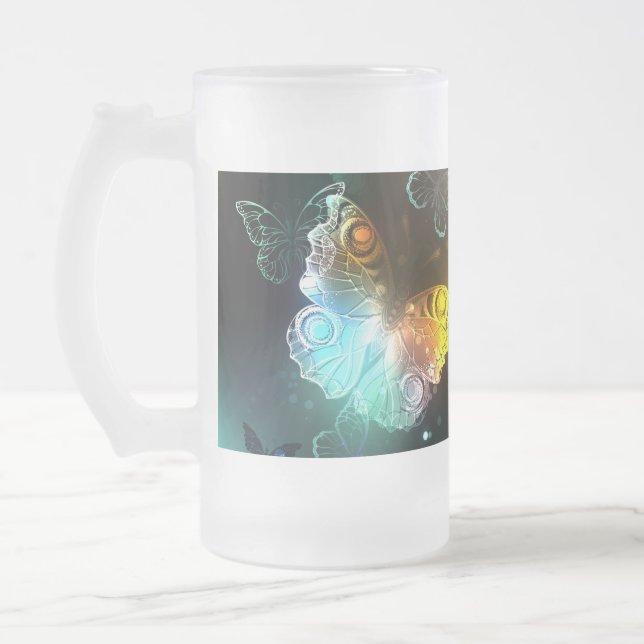 Luminous Butterfly and Night butterflies Frosted Glass Beer Mug (Left)