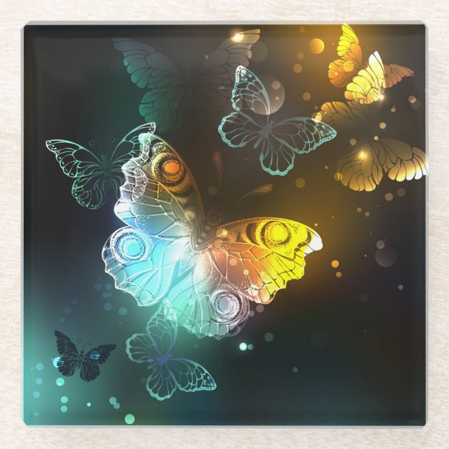 Luminous Butterfly and Night butterflies Glass Coaster (Front)