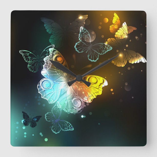 Luminous Butterfly and Night butterflies Square Wall Clock (Front)