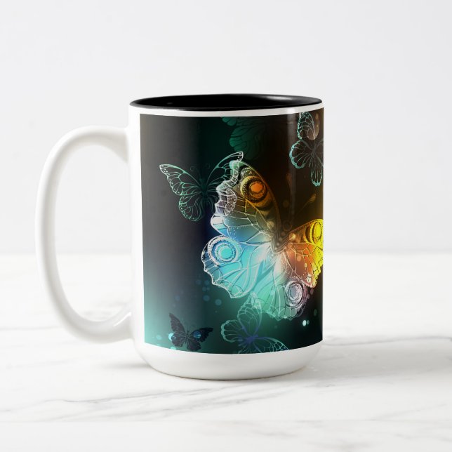 Luminous Butterfly and Night butterflies Two-Tone Coffee Mug (Left)