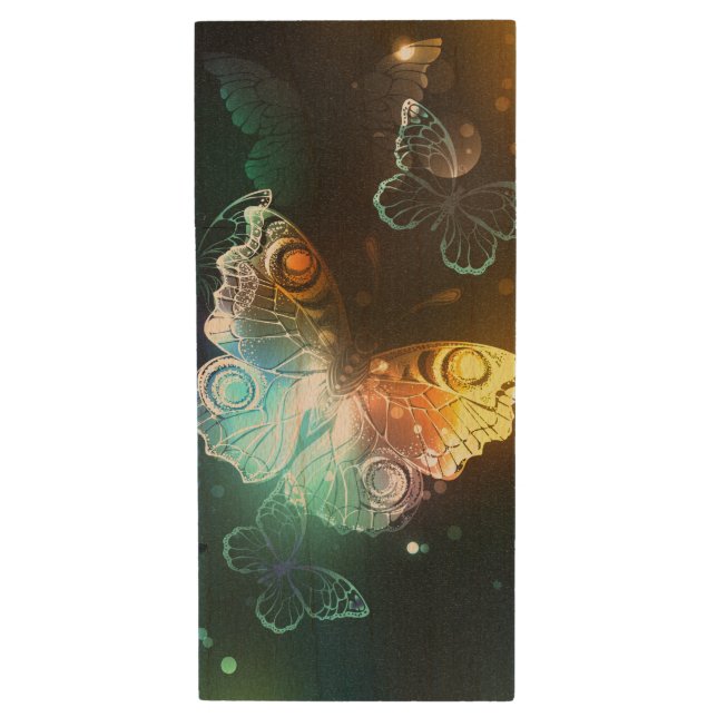 Luminous Butterfly and Night butterflies Wood Flash Drive (Front Vertical)
