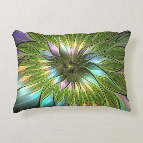 Luminous Colorful Fantasy Flower Fractal Art Accent Pillow