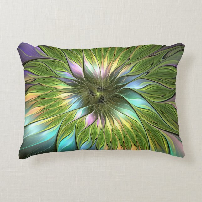 Luminous Colorful Fantasy Flower Fractal Art Accent Pillow (Front)