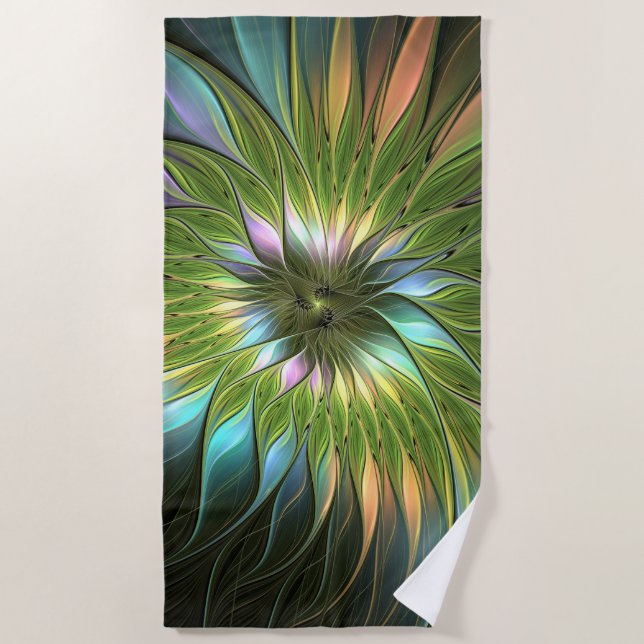 Luminous Colorful Fantasy Flower Fractal Art Beach Towel (Front)