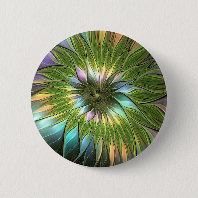 Luminous Colorful Fantasy Flower Fractal Art Button (Front)