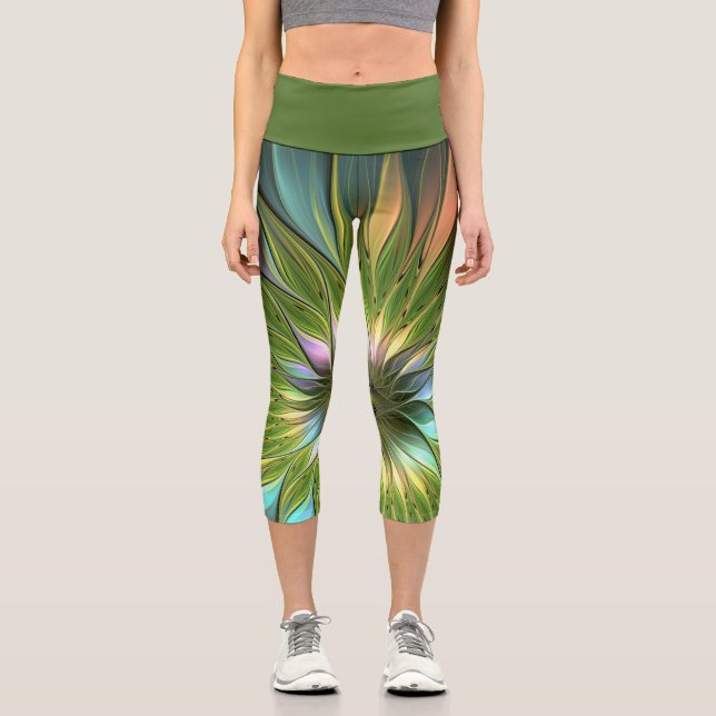 Luminous Colorful Fantasy Flower Fractal Art Capri Leggings (Front)