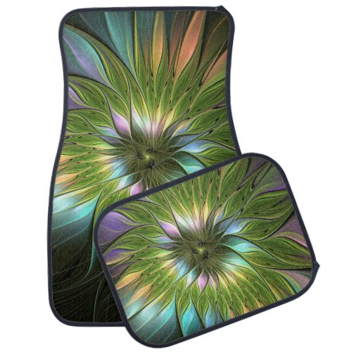 Luminous Colorful Fantasy Flower Fractal Art Car Floor Mat