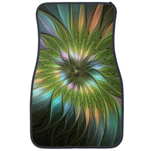 Luminous Colorful Fantasy Flower Fractal Art Car Floor Mat