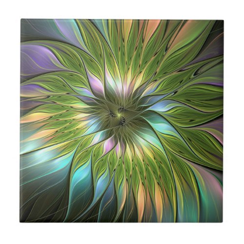 Luminous Colorful Fantasy Flower Fractal Art Ceramic Tile