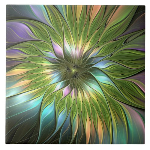 Luminous Colorful Fantasy Flower Fractal Art Ceramic Tile