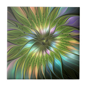 Luminous Colorful Fantasy Flower Fractal Art Ceramic Tile