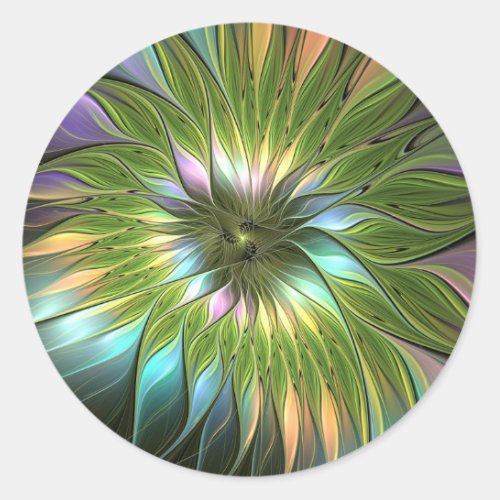 Luminous Colorful Fantasy Flower Fractal Art Classic Round Sticker