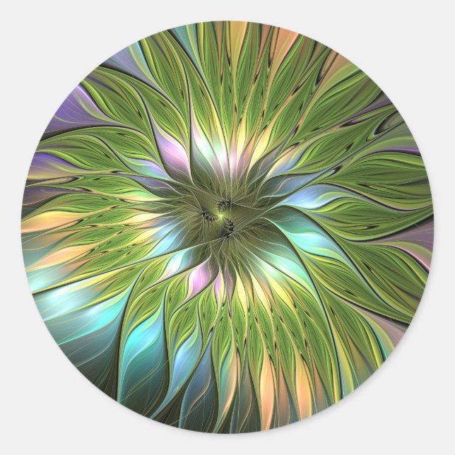 Luminous Colorful Fantasy Flower Fractal Art Classic Round Sticker (Front)