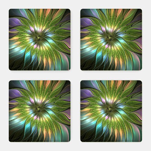 Luminous Colorful Fantasy Flower Fractal Art Coaster Set