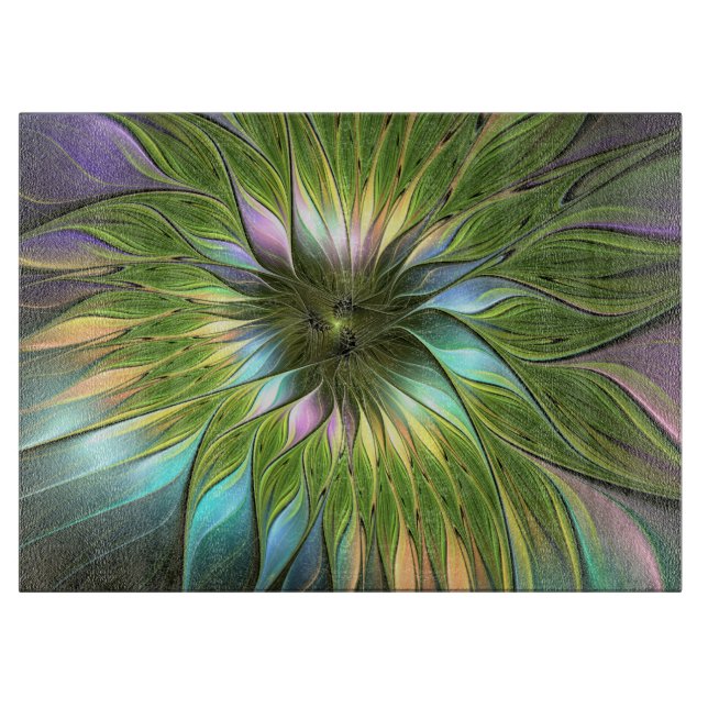 Luminous Colorful Fantasy Flower Fractal Art Cutting Board (Front)