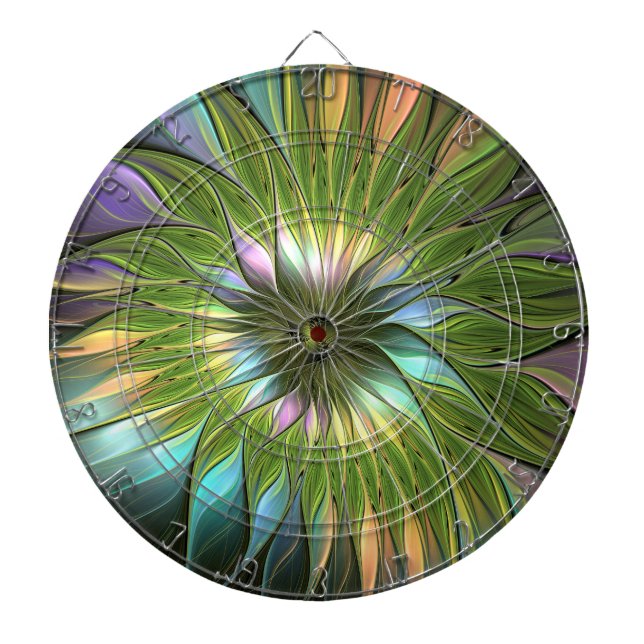 Luminous Colorful Fantasy Flower Fractal Art Dart Board (Front)