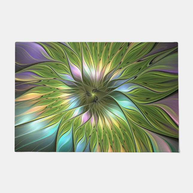 Luminous Colorful Fantasy Flower Fractal Art Doormat (Front)