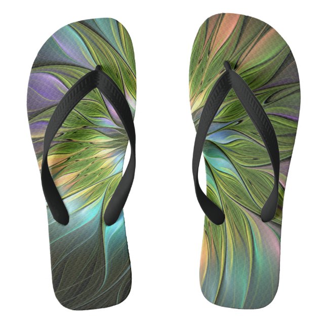 Luminous Colorful Fantasy Flower Fractal Art Flip Flops (Footbed)