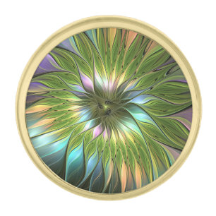 Luminous Colorful Fantasy Flower Fractal Art Gold Finish Lapel Pin
