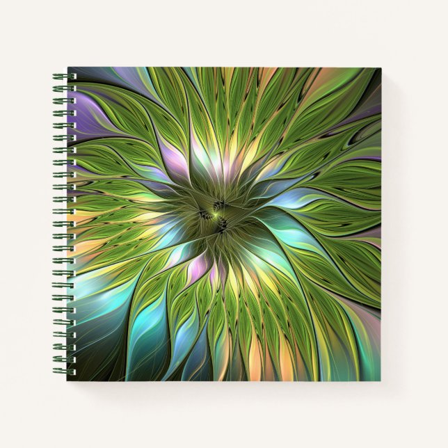 Luminous Colorful Fantasy Flower Fractal Art Notebook (Front)