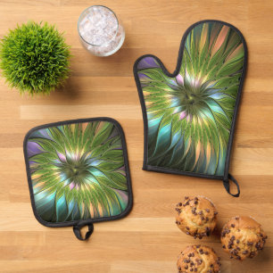 Luminous Colorful Fantasy Flower Fractal Art Oven Mitt & Pot Holder Set
