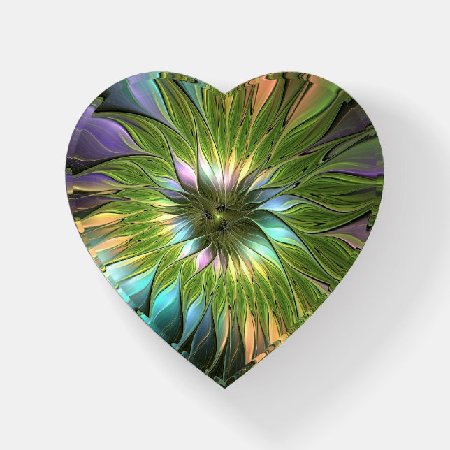 Luminous Colorful Fantasy Flower Fractal Art Paperweight (Front)