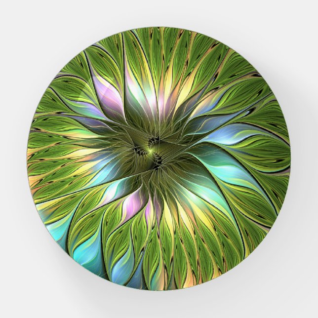 Luminous Colorful Fantasy Flower Fractal Art Paperweight (Front)
