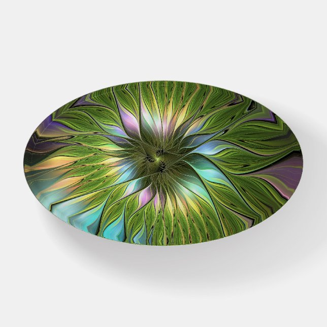 Luminous Colorful Fantasy Flower Fractal Art Paperweight (Front)