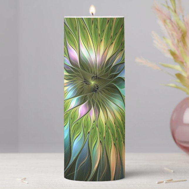 Luminous Colorful Fantasy Flower Fractal Art Pillar Candle (In Situ)