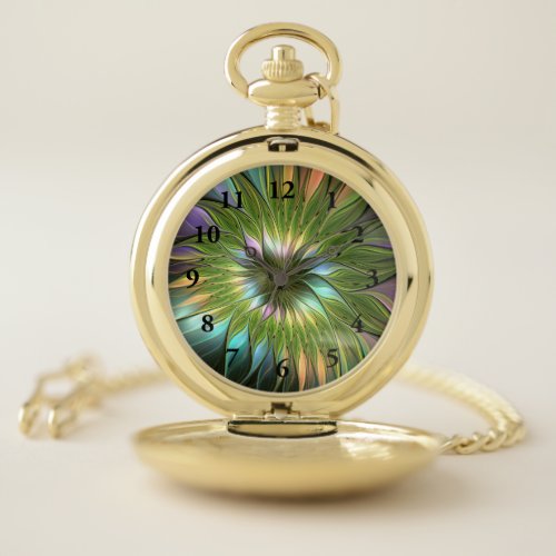 Luminous Colorful Fantasy Flower Fractal Art Pocket Watch