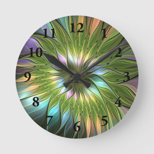 Luminous Colorful Fantasy Flower Fractal Art Round Clock