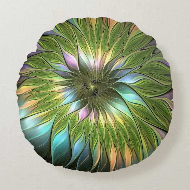 Luminous Colorful Fantasy Flower Fractal Art Round Pillow (Front)