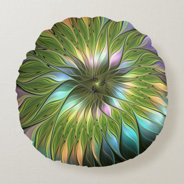 Luminous Colorful Fantasy Flower Fractal Art Round Pillow (Front)