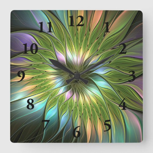 Luminous Colorful Fantasy Flower Fractal Art Square Wall Clock