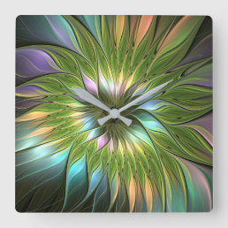 Luminous Colorful Fantasy Flower Fractal Art Square Wall Clock