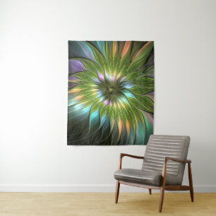 Luminous Colorful Fantasy Flower Fractal Art Tapestry