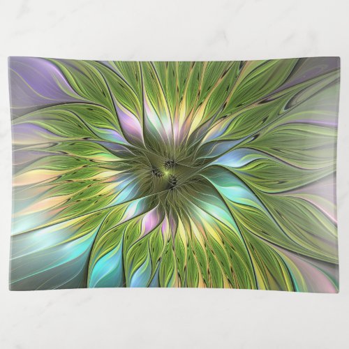 Luminous Colorful Fantasy Flower Fractal Art Trinket Tray