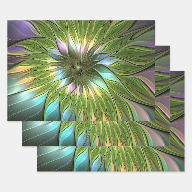 Luminous Colorful Fantasy Flower Fractal Art Wrapping Paper Sheets (Set)