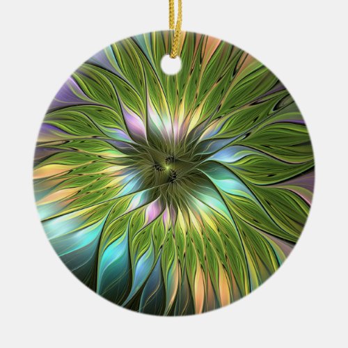 Luminous Colorful Fantasy Flower Fractal Circle Ceramic Ornament