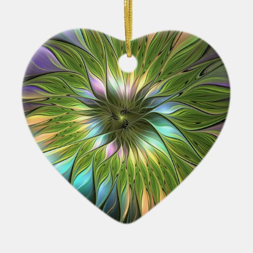 Luminous Colorful Fantasy Flower Fractal Heart Ceramic Ornament