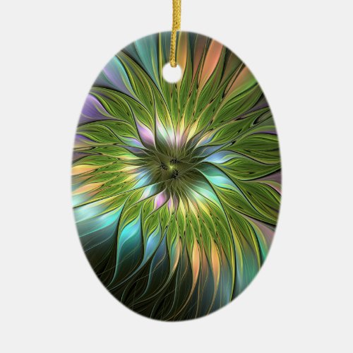 Luminous Colorful Fantasy Flower Fractal Oval Ceramic Ornament