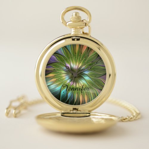 Luminous Colorful Fantasy Flower Fractal Own Name Pocket Watch