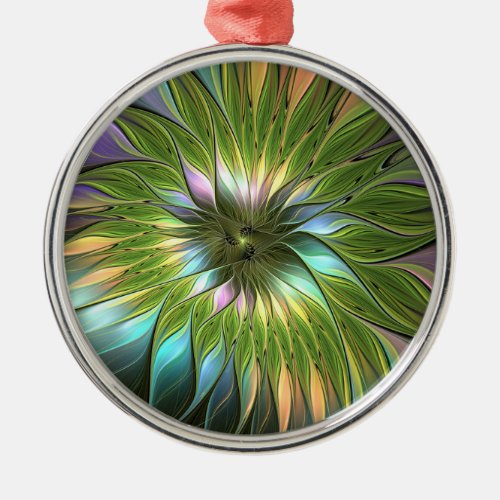 Luminous Colorful Fantasy Flower Fractal Round Metal Ornament