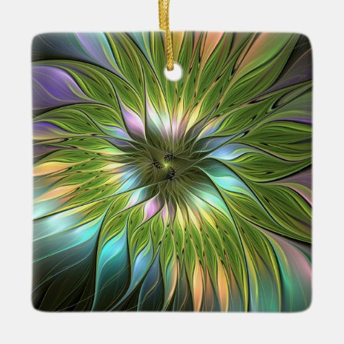 Luminous Colorful Fantasy Flower Fractal Square Ceramic Ornament
