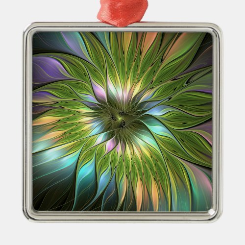 Luminous Colorful Fantasy Flower Fractal Square Metal Ornament