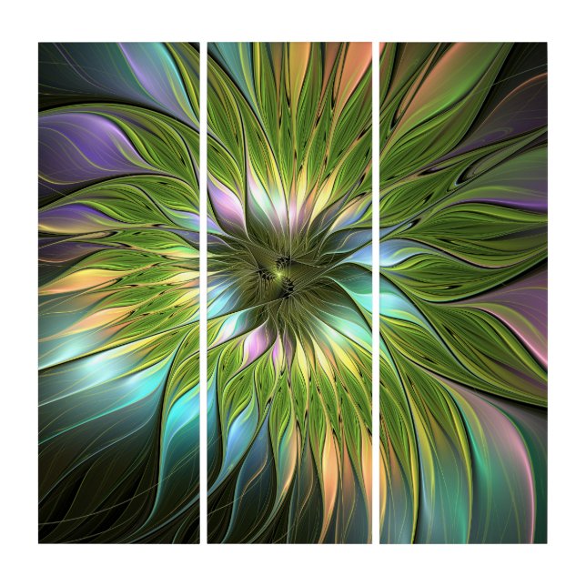 Luminous Colorful Fantasy Flower Fractal Triptych (Front)